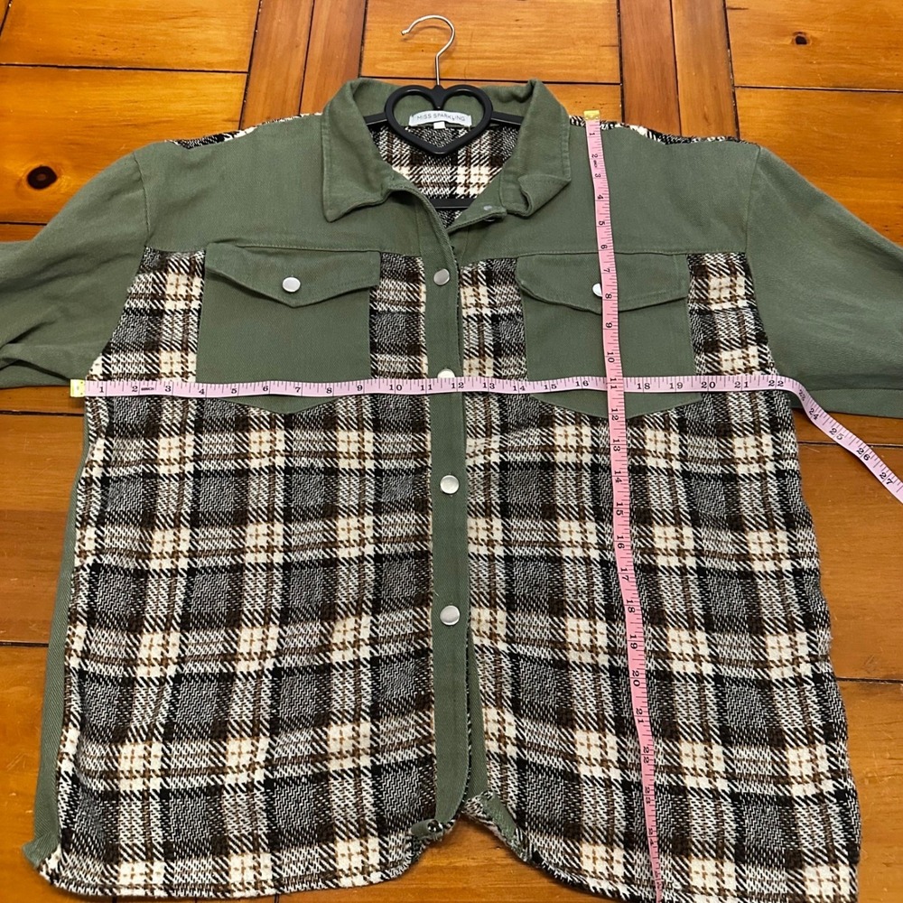 Plaid & Olive‎ Green Shacket Snap Button Lightweight Jacket Layering Oversized - Picture 6 of 7